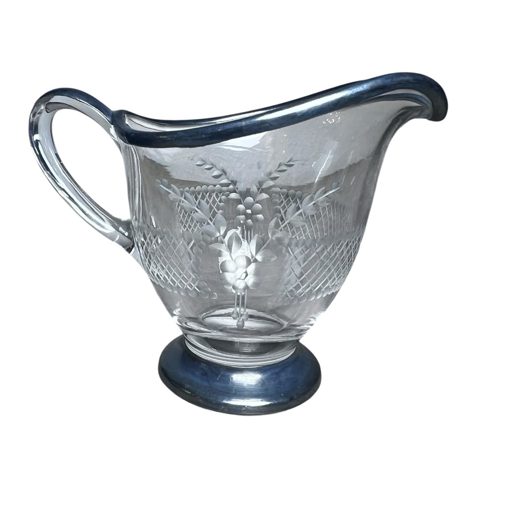 Vintage Delicate‎ Etched Glass Creamer Floral & Lattice Pattern Silver Overlay